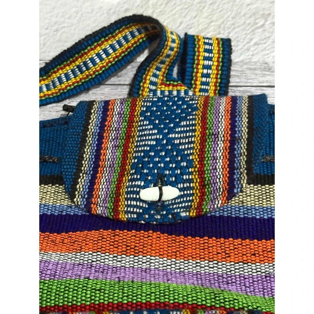 Artesanias Pinzon Woven Drawstring Boho Hippie Bag Beach Backpack Blue Orange